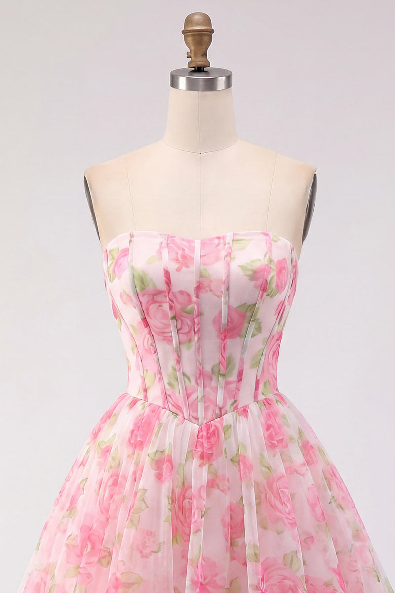 Load image into Gallery viewer, Pink Floral Corset Strapless Short A Line Prom Dress