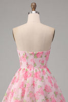 Load image into Gallery viewer, Pink Floral Corset Strapless Short A Line Prom Dress