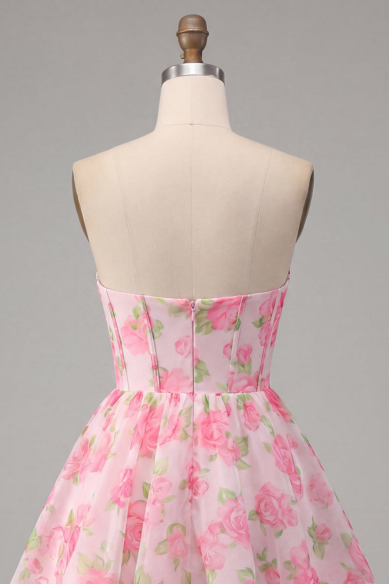 Load image into Gallery viewer, Pink Floral Corset Strapless Short A Line Prom Dress