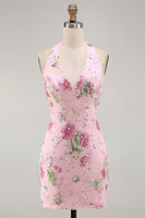 Load image into Gallery viewer, Halter Sparkly Beaded Floral Tight Short Pink Backless Prom Dress