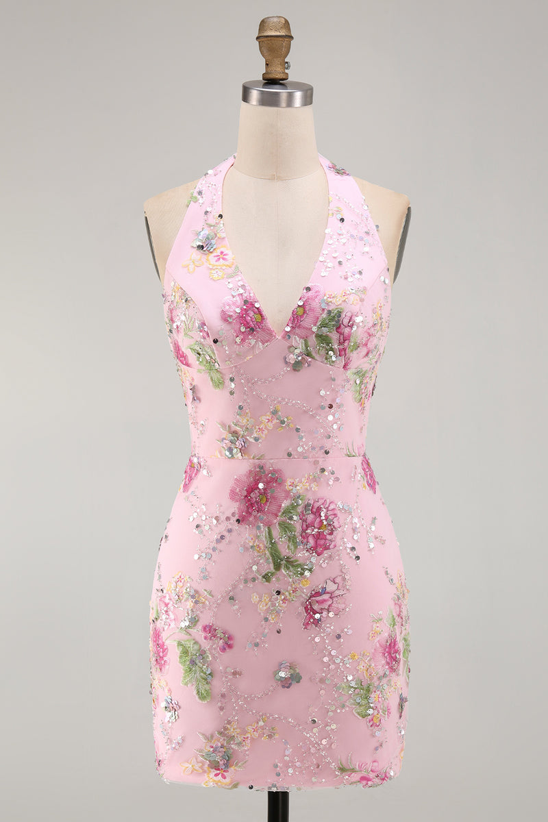 Load image into Gallery viewer, Halter Sparkly Beaded Floral Tight Short Pink Backless Prom Dress
