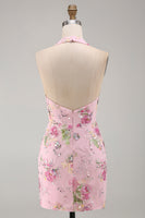 Load image into Gallery viewer, Halter Sparkly Beaded Floral Tight Short Pink Backless Prom Dress