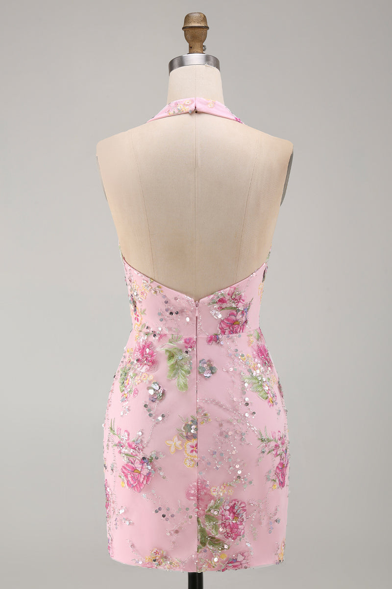 Load image into Gallery viewer, Halter Sparkly Beaded Floral Tight Short Pink Backless Prom Dress