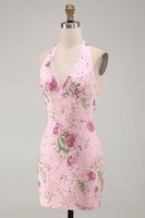 Load image into Gallery viewer, Halter Sparkly Beaded Floral Tight Short Pink Backless Prom Dress