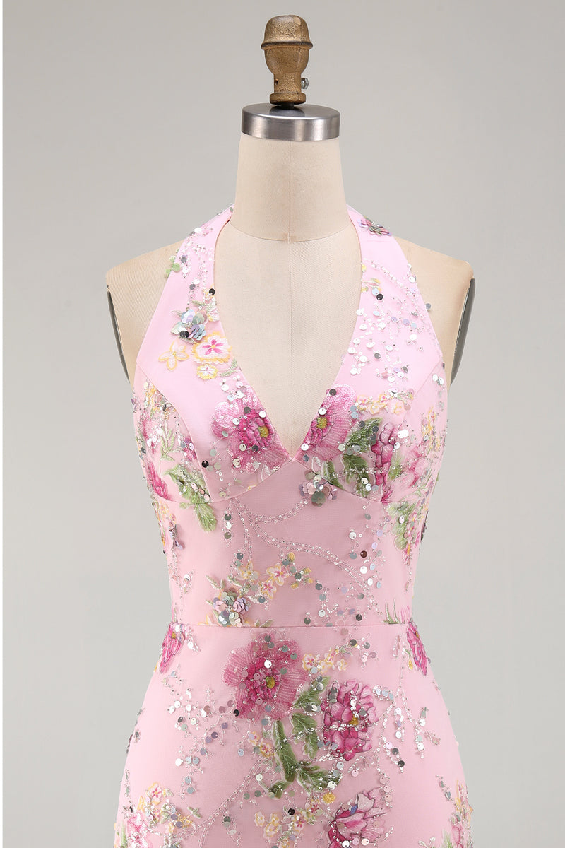 Load image into Gallery viewer, Halter Sparkly Beaded Floral Tight Short Pink Backless Prom Dress