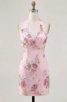 Load image into Gallery viewer, Halter Sparkly Beaded Floral Tight Short Pink Backless Prom Dress