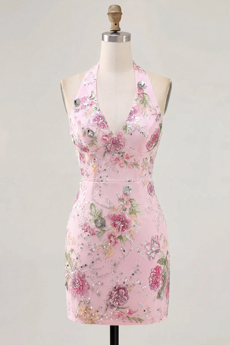 Load image into Gallery viewer, Halter Sparkly Beaded Floral Tight Short Pink Backless Prom Dress