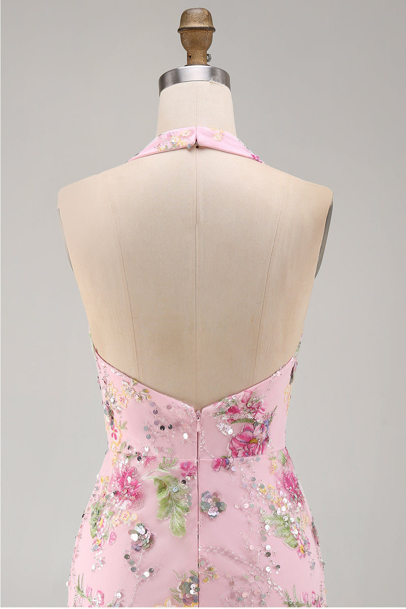 Load image into Gallery viewer, Halter Sparkly Beaded Floral Tight Short Pink Backless Prom Dress