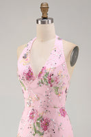 Load image into Gallery viewer, Halter Sparkly Beaded Floral Tight Short Pink Backless Prom Dress