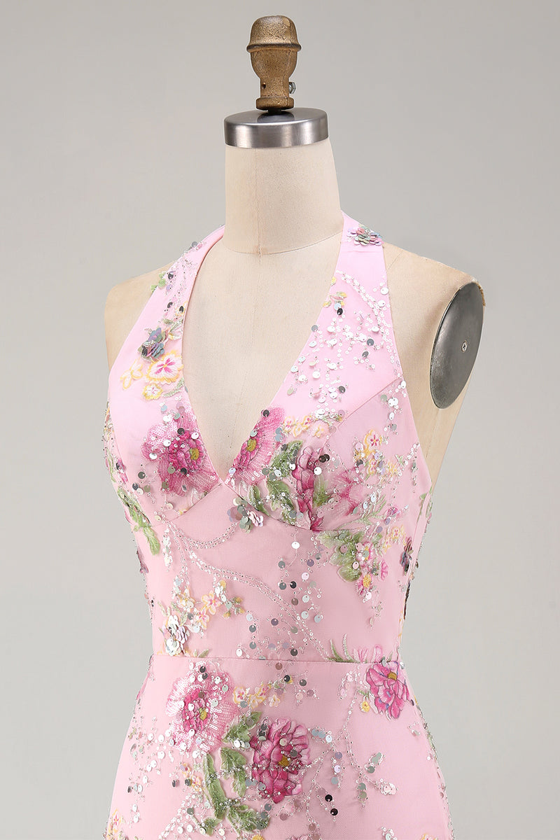 Load image into Gallery viewer, Halter Sparkly Beaded Floral Tight Short Pink Backless Prom Dress