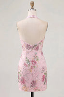 Load image into Gallery viewer, Halter Sparkly Beaded Floral Tight Short Pink Backless Prom Dress