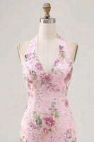 Load image into Gallery viewer, Halter Sparkly Beaded Floral Tight Short Pink Backless Prom Dress