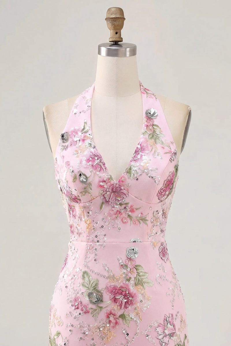 Load image into Gallery viewer, Halter Sparkly Beaded Floral Tight Short Pink Backless Prom Dress