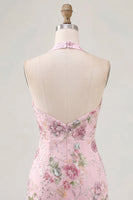 Load image into Gallery viewer, Halter Sparkly Beaded Floral Tight Short Pink Backless Prom Dress