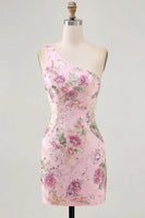 Load image into Gallery viewer, One Shoulder Beaded Sparkly Floral Tight Short Pink Prom Dress