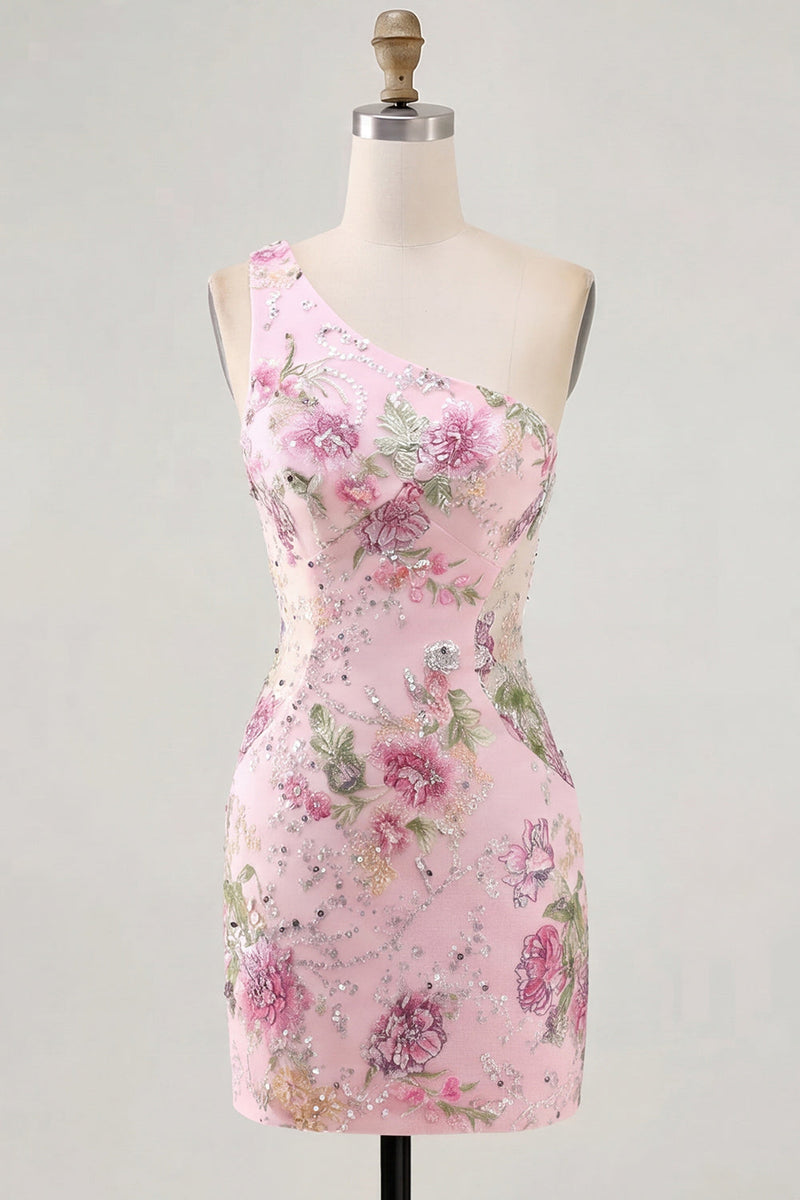 Load image into Gallery viewer, One Shoulder Beaded Sparkly Floral Tight Short Pink Prom Dress
