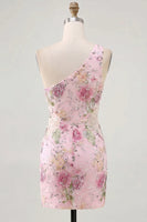 Load image into Gallery viewer, One Shoulder Beaded Sparkly Floral Tight Short Pink Prom Dress