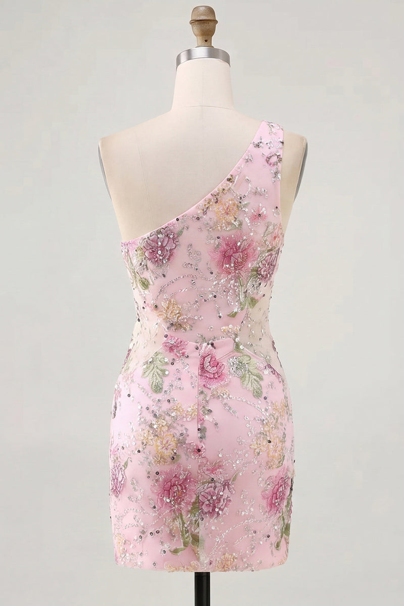 Load image into Gallery viewer, One Shoulder Beaded Sparkly Floral Tight Short Pink Prom Dress