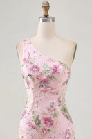 Load image into Gallery viewer, One Shoulder Beaded Sparkly Floral Tight Short Pink Prom Dress