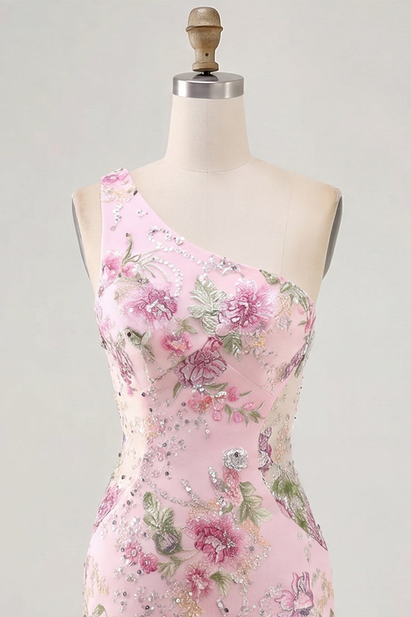 Load image into Gallery viewer, One Shoulder Beaded Sparkly Floral Tight Short Pink Prom Dress