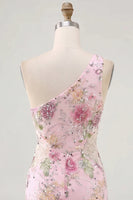 Load image into Gallery viewer, One Shoulder Beaded Sparkly Floral Tight Short Pink Prom Dress