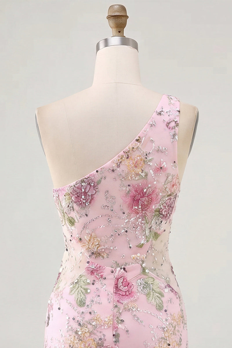 Load image into Gallery viewer, One Shoulder Beaded Sparkly Floral Tight Short Pink Prom Dress