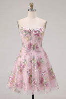 Load image into Gallery viewer, A Line Corset Strapless Floral Sparkly Pink Short Beaded Prom Dress