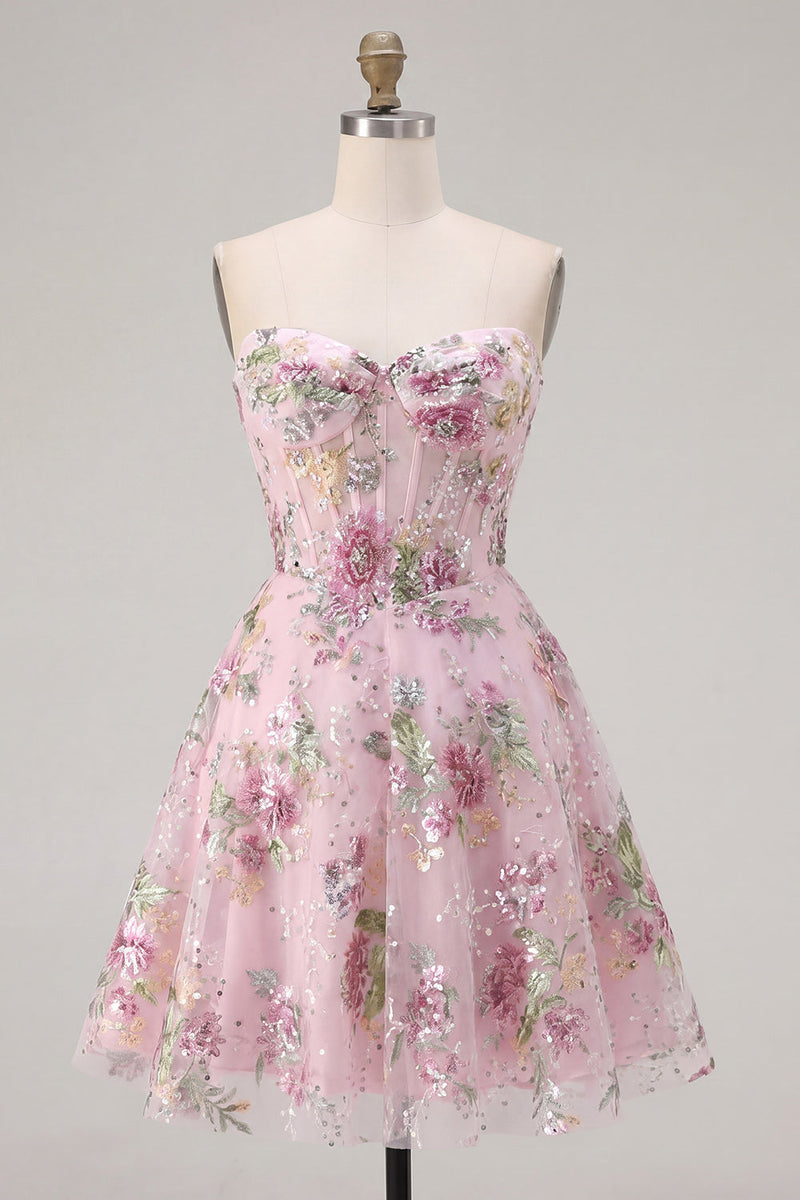 Load image into Gallery viewer, A Line Corset Strapless Floral Sparkly Pink Short Beaded Prom Dress