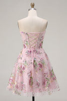 Load image into Gallery viewer, A Line Corset Strapless Floral Sparkly Pink Short Beaded Prom Dress