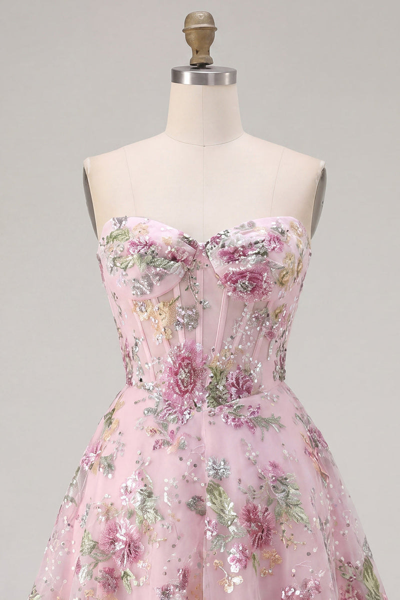 Load image into Gallery viewer, A Line Corset Strapless Floral Sparkly Pink Short Beaded Prom Dress