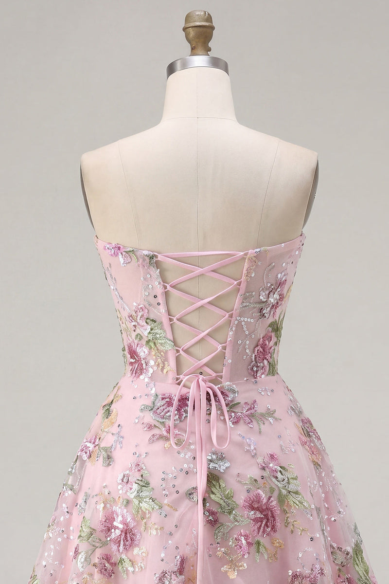 Load image into Gallery viewer, A Line Corset Strapless Floral Sparkly Pink Short Beaded Prom Dress