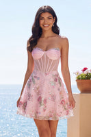 Load image into Gallery viewer, Short Beaded Sparkly Pink A Line Strapless Corset Floral Prom Dress