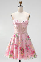 Load image into Gallery viewer, Short Beaded Sparkly Pink A Line Strapless Corset Floral Prom Dress
