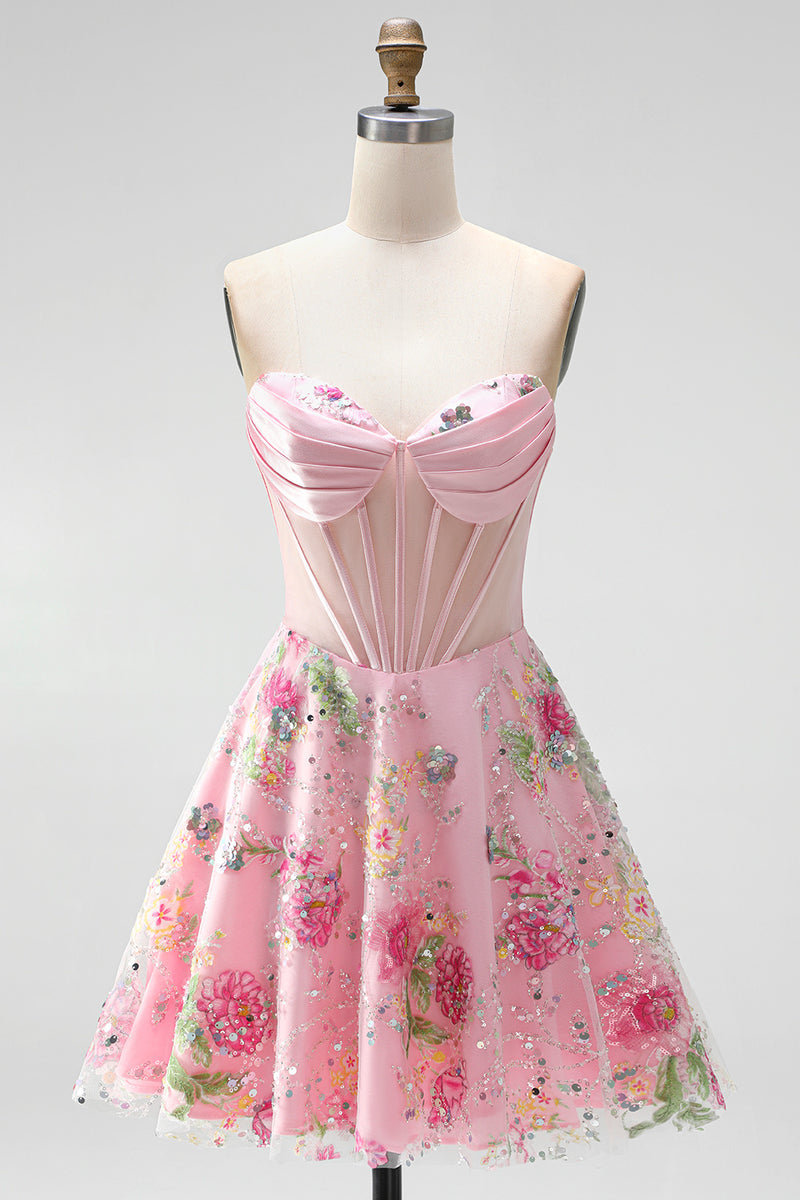 Load image into Gallery viewer, Short Beaded Sparkly Pink A Line Strapless Corset Floral Prom Dress