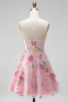 Load image into Gallery viewer, Short Beaded Sparkly Pink A Line Strapless Corset Floral Prom Dress