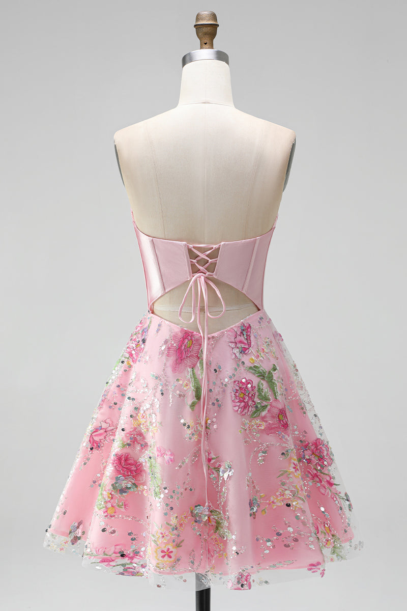 Load image into Gallery viewer, Short Beaded Sparkly Pink A Line Strapless Corset Floral Prom Dress