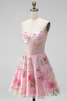 Load image into Gallery viewer, Short Beaded Sparkly Pink A Line Strapless Corset Floral Prom Dress