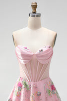 Load image into Gallery viewer, Short Beaded Sparkly Pink A Line Strapless Corset Floral Prom Dress