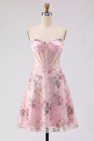 Load image into Gallery viewer, Short Beaded Sparkly Pink A Line Strapless Corset Floral Prom Dress