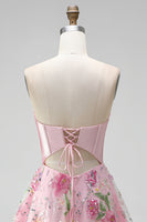 Load image into Gallery viewer, Short Beaded Sparkly Pink A Line Strapless Corset Floral Prom Dress