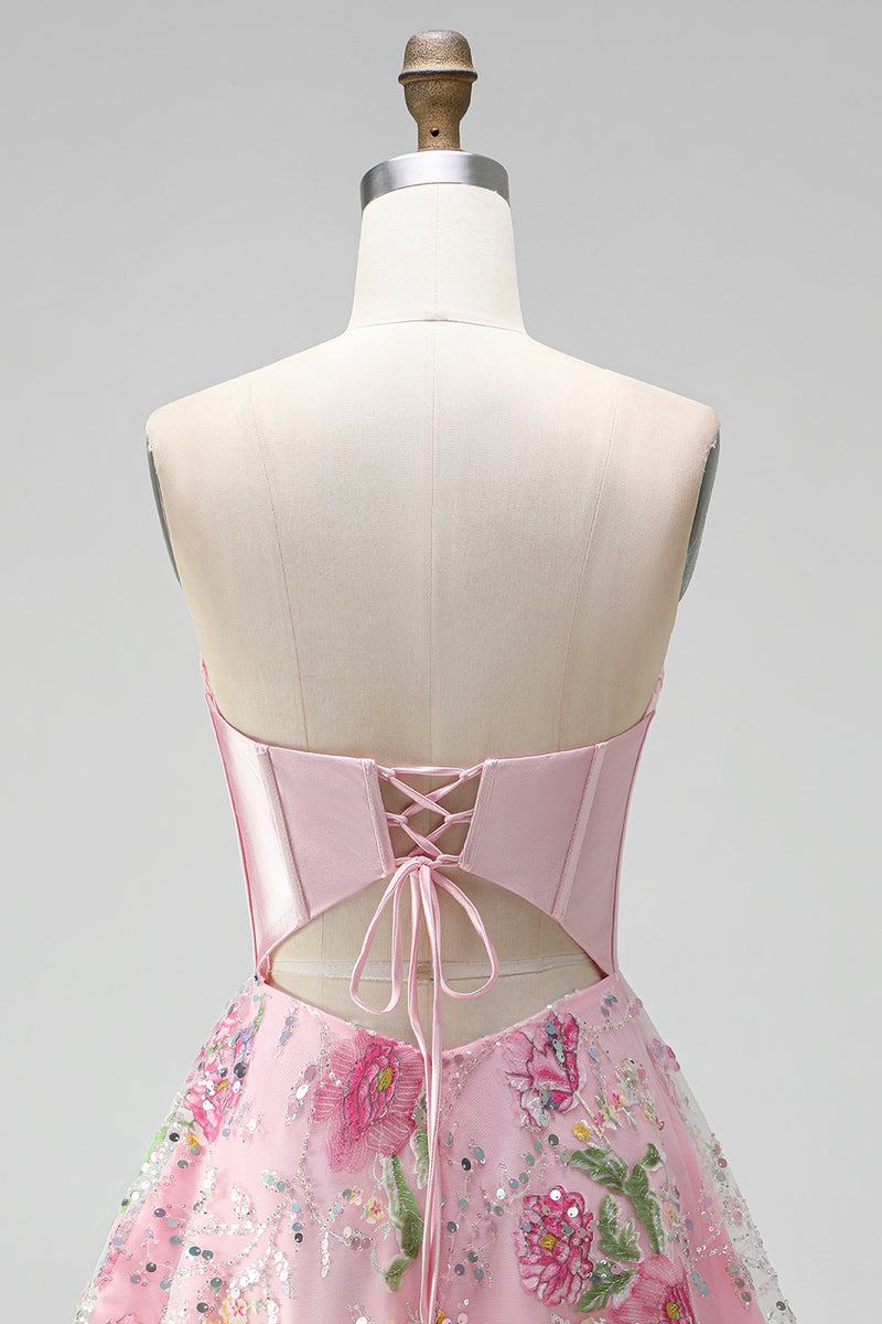 Load image into Gallery viewer, Short Beaded Sparkly Pink A Line Strapless Corset Floral Prom Dress