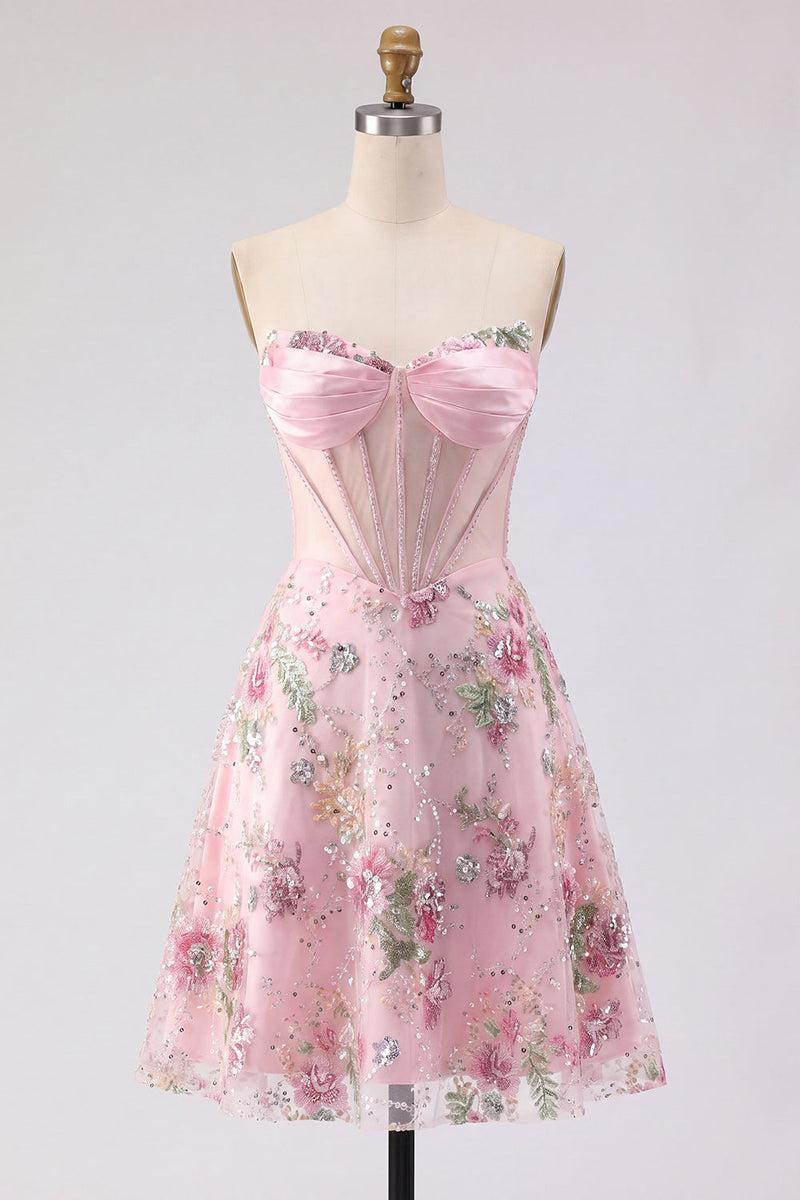 Load image into Gallery viewer, Short Beaded Sparkly Pink A Line Strapless Corset Floral Prom Dress