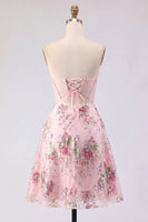 Load image into Gallery viewer, Short Beaded Sparkly Pink A Line Strapless Corset Floral Prom Dress
