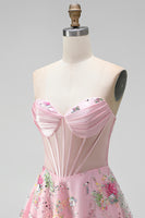 Load image into Gallery viewer, Short Beaded Sparkly Pink A Line Strapless Corset Floral Prom Dress
