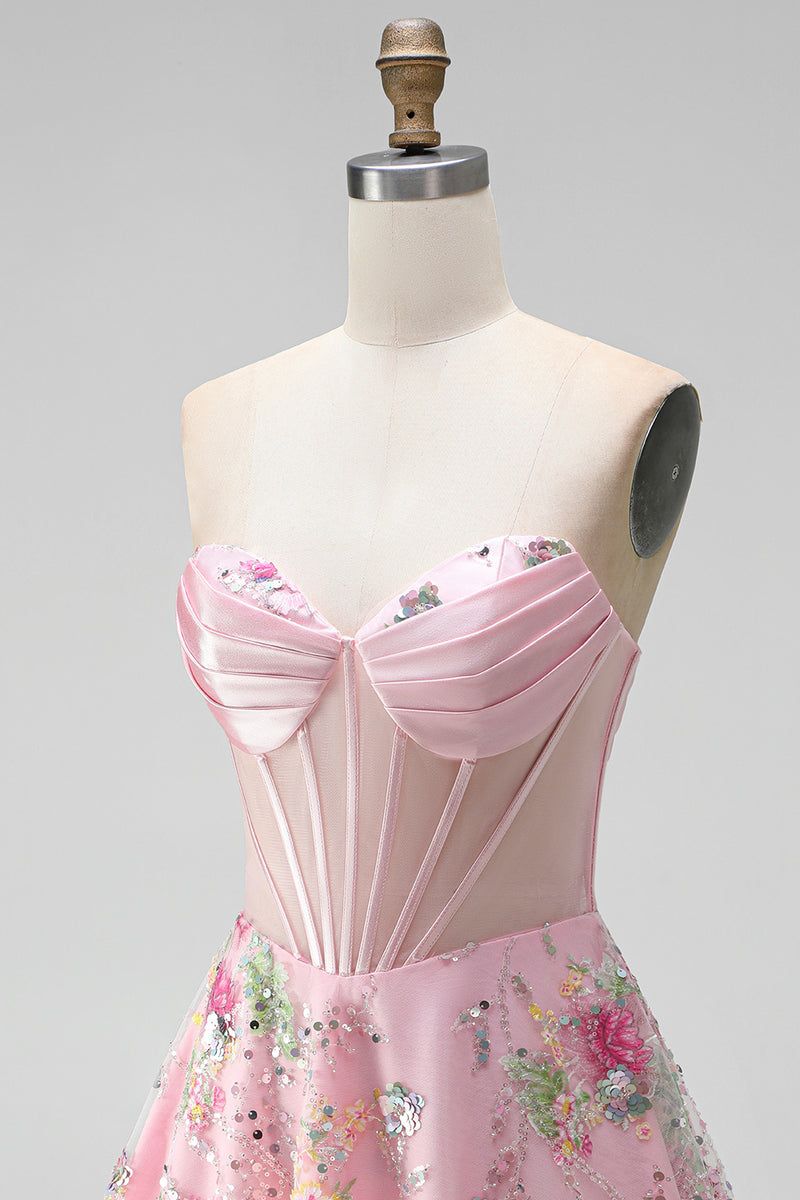 Load image into Gallery viewer, Short Beaded Sparkly Pink A Line Strapless Corset Floral Prom Dress