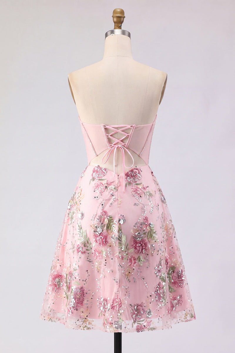 Load image into Gallery viewer, Short Beaded Sparkly Pink A Line Strapless Corset Floral Prom Dress