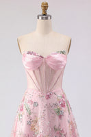 Load image into Gallery viewer, Short Beaded Sparkly Pink A Line Strapless Corset Floral Prom Dress