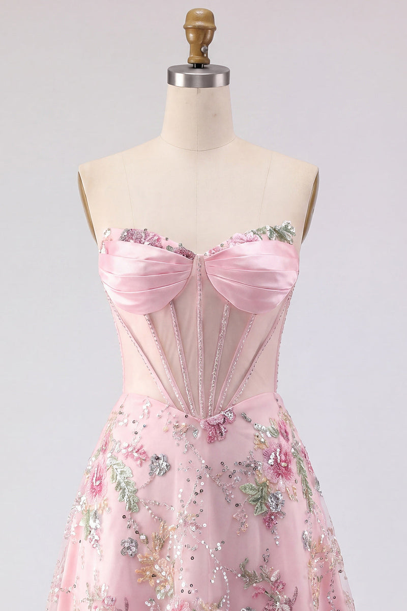 Load image into Gallery viewer, Short Beaded Sparkly Pink A Line Strapless Corset Floral Prom Dress