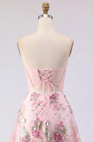 Load image into Gallery viewer, Short Beaded Sparkly Pink A Line Strapless Corset Floral Prom Dress
