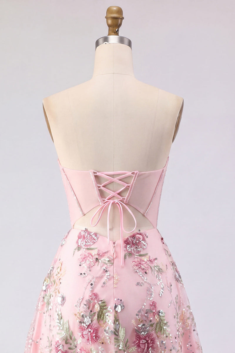 Load image into Gallery viewer, Short Beaded Sparkly Pink A Line Strapless Corset Floral Prom Dress